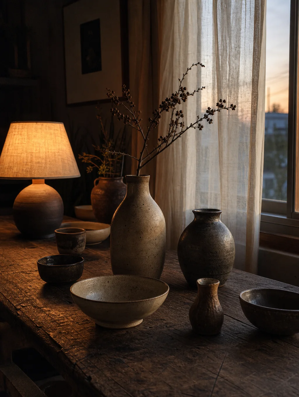 Curated display of vases, lamps and ceramic ornaments in a warm home interior